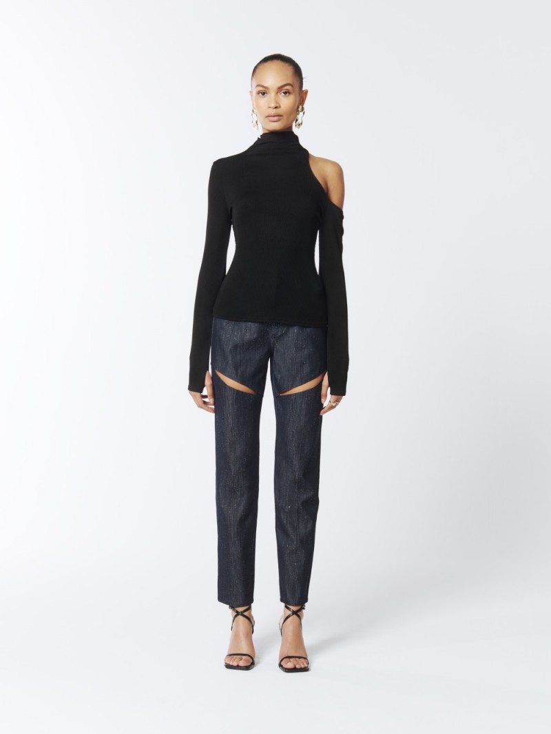 Black One-Shoulder Cutout Turtleneck Pullover (1)