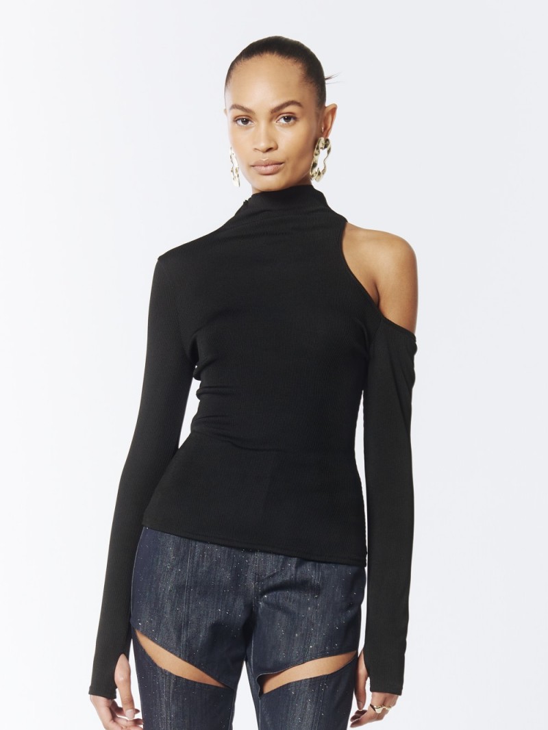 Black One-Shoulder Cutout Turtleneck Pullover (3)