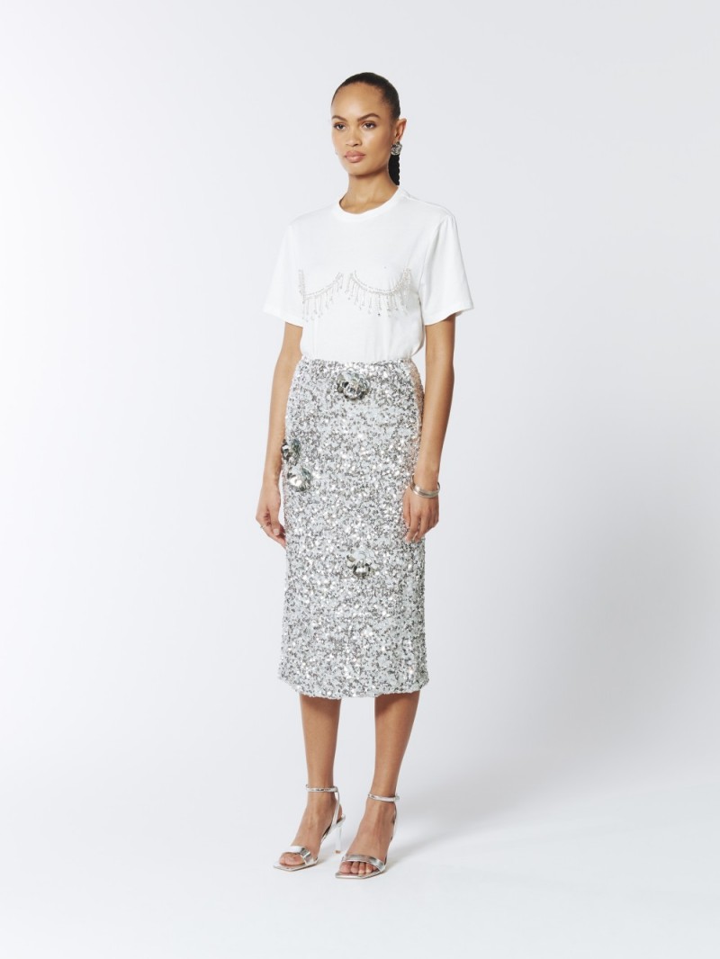 SOUR FIGS Floral Embellished Sequin Skirt in Silver 3