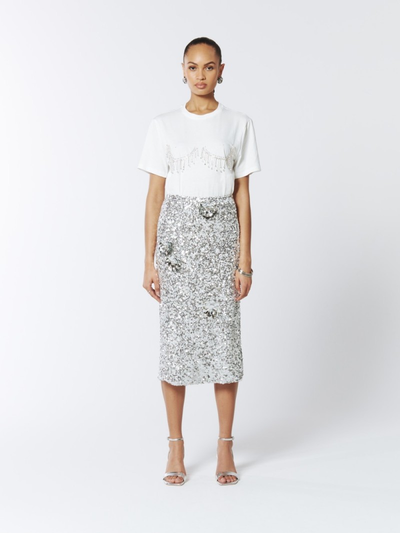 SOUR FIGS Floral Embellished Sequin Skirt in Silver 4