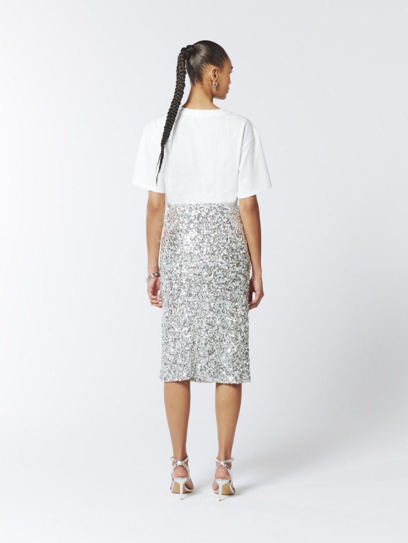 SOUR FIGS Floral Embellished Sequin Skirt in Silver